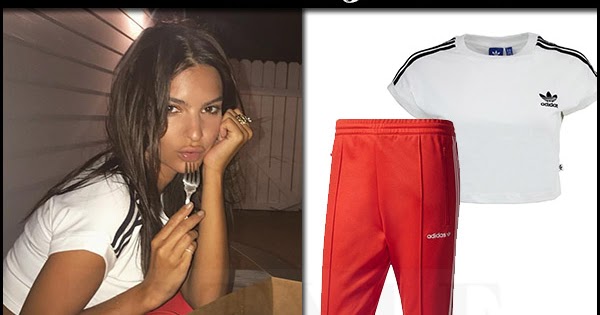 Emily Ratajkowski in white crop top and red 3 stripe track Emily Ratajkowski in white crop top and red 3 stripe track